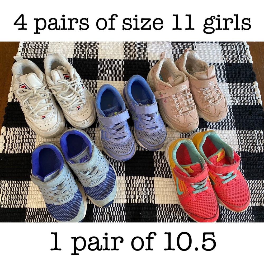 5 pairs of little girl shoes. Used condition. Nike, Fila, New Balance